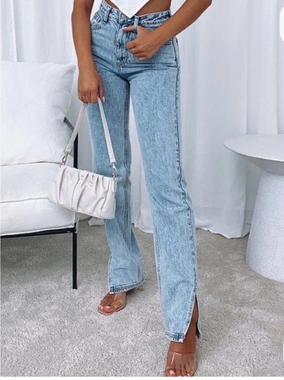 White Fox Boutique Light Blue Flare Jeans with Front Hem Slit